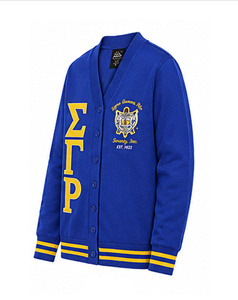 เสื้อคาร์ดิแกนคอวีผู้ชาย Sigma Gamma Rho แขนยาว ปักลายตัวอักษร สำหรับใส่ในฤดูใบไม้ร่วง สีน้ำเงิน-เหลืองลายทาง ผ้าอะคริลิกบุขนสัตว์ - Product Image 5