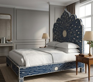 Cama King Size de Madera Maciza con Incrustaciones Azules y Marco Tallado a Mano, Muebles de Dormitorio Cómodos - Product Image 2