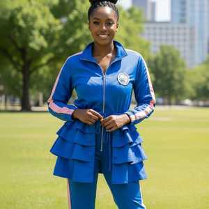 Ensemble de survêtement décontracté deux pièces pour femme avec veste à volants, manches longues et fermeture éclair sur le devant, vêtements de sport, logo personnalisé, vente en gros - Product Image 3
