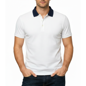 Polo classique pour homme, blanc, col contrastant marine, coupe ajustée, manches courtes, décontracté - Product Image 1