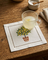 Serviettes de cocktail brodées motif citronnier 6x6' en coton blanc avec ourlet festonné pour mariages, usage domestique ou hôtelier
