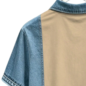 T-shirt décontracté en coton pour homme avec empiècements en jean, manches courtes, coupe classique, respirant, séchage rapide, couleur unie, idéal pour le golf et le quotidien - Product Image 4