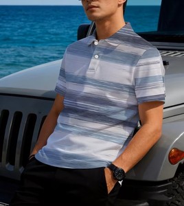 Men's Striped Short Sleeve for Shirt Casual Breathable Cotton Knitted Regular Fit Digital Printed Front Logo 180g - Product Image 4