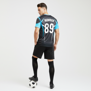 Ropa Deportiva, Camiseta de Fútbol Totalmente Personalizada, Diseño con Forro Azul Cielo sobre Negro, 100% Poliéster, Antibacteriana, Transpirable, de Secado Rápido - Product Image 3