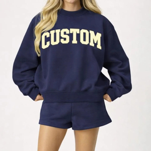Conjunto de sudadera y pantalón corto de cuello simulado oversize con hombros caídos para mujer, estilo urbano, venta al por mayor - Product Image 2