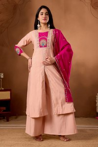 Elegante Conjunto de Vestido Anarkali de Seda Romana Bordada para Mujer |   Colección Boutique |   Exportación Global de Moda B2B - Product Image 1