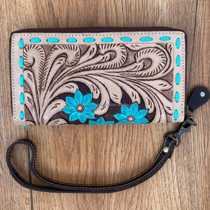Portefeuille en cuir véritable taillé à la main sculpture portefeuille fleur turquoise multi-usages portefeuilles Offre Spéciale multi-usages pour femmes - Product Image 4