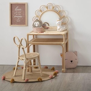 Rattan Mirrored Makeup Vanities With Cute Flower Design Eco Friendly Furniture Vanity <b>Table</b> <b>and</b> Chair <b>Set</b> for Children - Product Image 2