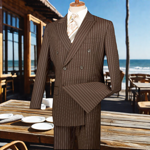 Costumes d'affaires bruns rayés à double boutonnage pour hommes longs plissés respirants - Product Image 1