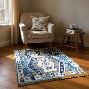 Tapis de salon marocain géométrique Kilim fait main, rectangulaire, en laine et acrylique, à poils moyens, avec envers antidérapant en latex, écologique - Product Image 6