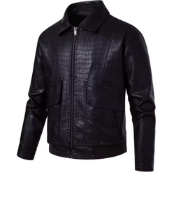 Chaqueta de Cuero PU con Estampado de Cocodrilo Negro para Hombre, Estilo Motociclista, Cuello Camisero, Cierre de Cremallera, Corte Regular, Ropa de Abrigo para Otoño - Product Image 5