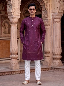 MALAI SILK <b>KURTA</b> PAYJAMA with HEAVY EMBROIDERY SEQUENCE WORK for WEDDING and DIWALI TRADITIONAL UNISEX ALL SEASONS - Product Image 3