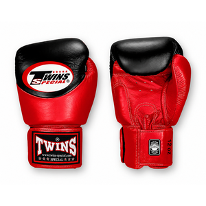 Gants de boxe en cuir de vachette de qualité supérieure, logo de marque personnalisé, noirs et rouges, avec lacets pour l'entraînement de Muay Thai et les sports. - Product Image 1
