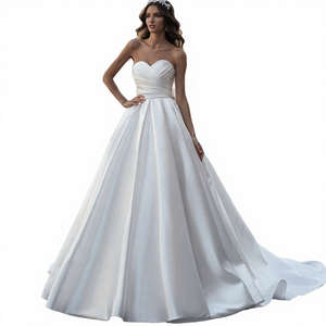 Robe de mariée style français moderne en satin et dentelle, longueur ras du sol, grande taille, manches courtes, élégante, taille basse - Product Image 2
