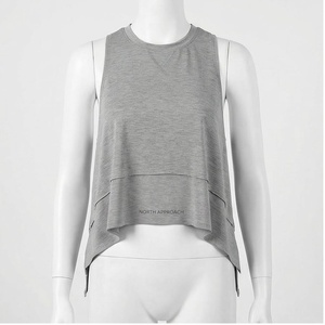 North Approach Gray Asymmetric Sleeveless Yoga Tank <b>Top</b> Breathable Solid Crew Neck Sportswear - Product Image 1