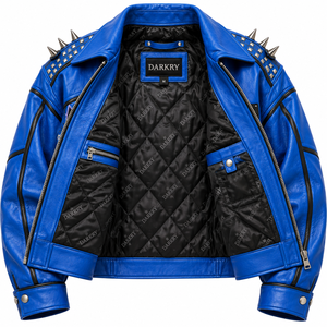 Royal Blue <b>Women</b> Genuine Leather Bomber Jacket Custom Punk Cat Graphic Printed Button Cuff Spiked <b>Outerwear</b> Manufacturer - Product Image 5