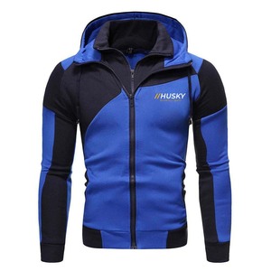 Sweat-shirt à capuche pour homme Husky, bleu et noir, blocs de couleur, fermeture éclair sur le devant, logo, polaire sportif, coupe classique, vêtements d'hiver, séchage rapide - Product Image 3