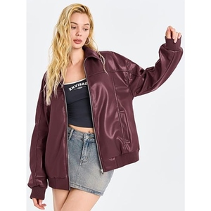 Blouson Bomber Oversize Femme Personnalisé en Similicuir, Veste Vintage Zippée en Cuir PU, Manteau Décontracté Streetwear - Product Image 4