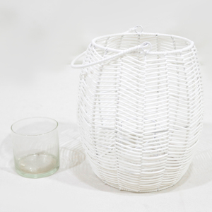 Farol de Mimbre Blanco Tejido a Mano, Portavelas Decorativo Colgante, Farol de Mimbre con Copa de Vidrio para Patio, Jardín, Boda - Product Image 6