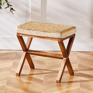 Natural Seagrass Rectangular Ottoman Footstool with Wooden Legs Hand-Woven Footrest for Living Room - Product Image 1