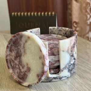 Luxury Handcrafted Calacatta Marble Coaster Set of 6 With Forest Green Natural Stone Design For Home Decor and Gift Use - Product Image 1
