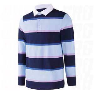 Fabricant de polos à manches longues en coton épais, coupe ample et carrée, rayés, style rugby, avec boutons personnalisés, coloris cyan et marine - Product Image 1
