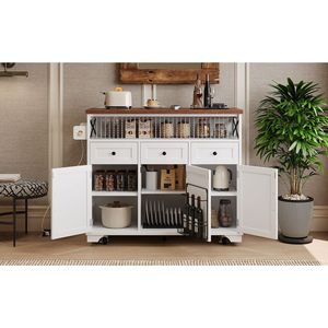 Carrito de Cocina Estilo Rústico K K 46.5 con Enchufe Empotrado y Ruedas, Carrito de Cocina con 3 Puertas y Tablero Abatible - Product Image 2