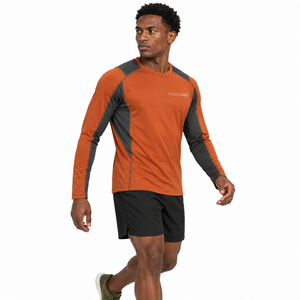 T-shirt de course à manches longues pour homme, orange et noir, séchage rapide, en polyester tricoté, col rond, coupe classique, logo personnalisé sur le devant - Product Image 2