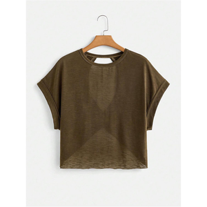 Top Corto de Mujer Verde Oliva con Manga Casquillo, Espalda Cruzada, Tejido, Ajuste Holgado, Color Sólido, Asimétrico, Transpirable para Primavera/Verano - Product Image 2