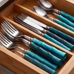 Modern Flatware Set Of 6 Stainless Steel Cutlery With Teal Bamboo Handles Dishwasher Safe For Wedding Use - Product Image 4