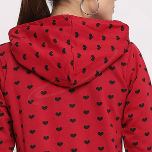Women Red Hoodie With <b>Black</b> <b>Heart</b> Print Full Sleeve Casual Knitted Sweatshirt 100% Cotton Autumn Wear - Product Image 4