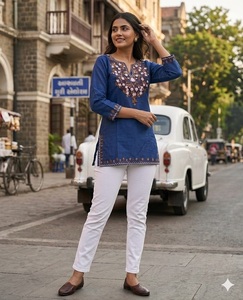 <b>Indian</b> Trendy Blue Embroidered Cotton TunicWith White Pants Traditional <b>Indian</b> Casual Wear Regular Fit All Seasons Style <b>Top</b> - Product Image 1