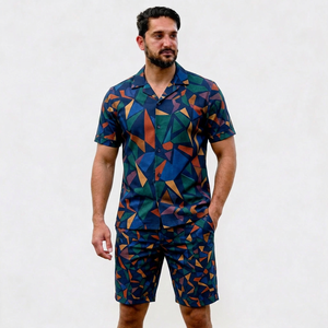 Men's Geometric Printed Shirt And Shorts <b>Set</b> Summer Casual Wear Breathable Polyester Outfit - Product Image 1