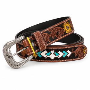 Premium Hand <b>Tooled</b> Western Leather <b>Belt</b> for Men Decorative Inlay Design with Metal Buckle - Product Image 3
