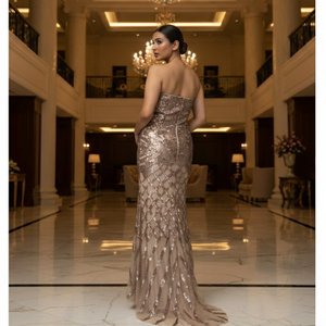 Designer Luxury Golden Mermaid Floor Length Evening Gown | Embroidery Elegant Women | Formal Dress | Custom Color Option Wear - Product Image 3