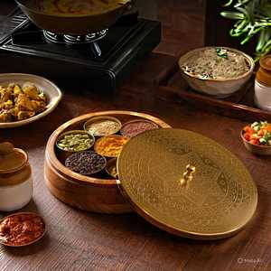 Handmade Wooden Spice <b>Box</b> – Indian Masala Dabba, Table top <b>box</b>, Wooden Spice Acacia Wood Spice <b>Box</b> with Brass Hand Etched Top - Product Image 2