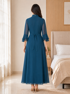 Robe longue élégante en mousseline unie à col montant pour femme, avec manches cloche et ceinture, décontractée et de haute qualité - Product Image 2