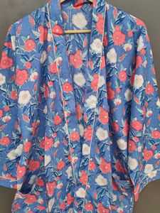 Bata Kimono de Algodón Transpirable con Estampado Floral Azul, Cinturón, Manga Larga, Largo Completo, Informal, para Mujer, Tejido Suave - Product Image 3