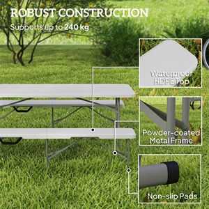 Set di 2 Panche Pieghevoli Portatili in Plastica da 1,8 m con Maniglia per il Trasporto, Arredo da Campeggio in Colore Bianco - Product Image 4