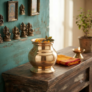 Pot à Pooja en laiton artisanal, récipient traditionnel indien pour la décoration de temple domestique, rituel de mariage, cadeau spirituel - Product Image 3