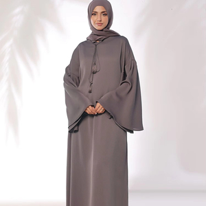 Abaya Larga de Color Sólido para Mujer, con Cuello de Lazo, Manga Larga, Vestido Modesto, Ligero, de Poliéster, para Uso Diario, Estilo de Medio Oriente - Product Image 1