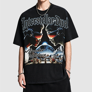 เสื้อยืดผู้ชายผ้าฝ้าย 100% ลายกราฟิกวินเทจลายอวกาศ แขนสั้น คอกลม สไตล์สตรีทแวร์ลำลอง - Product Image 1
