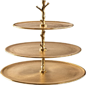 Tour de service dorée à deux niveaux avec assiettes texturées et poignée décorative en forme de feuille. Élégant et disponible à prix de gros. - Product Image 5