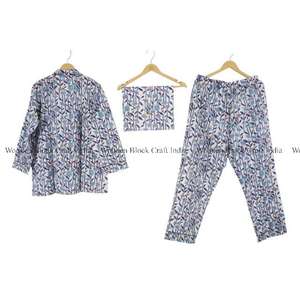 Conjunto de Pijama de Verano para Mujer, 100% Algodón Natural, Estilo Vintage, 3 Piezas, Camisa con Botones, Estampado Floral, Ropa de Dormir Cómoda - Product Image 4