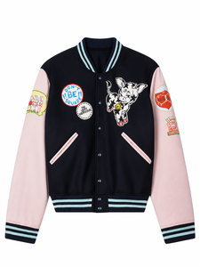 เสื้อแจ็คเก็ตแวนวาร์ซิตี้ผ้าแคนวาสสำหรับทุกเพศ ยี่ห้อ Human Made สีดำชมพู ตกแต่งด้วยลายการ์ตูนแบบปะติด ปกเสื้อพับได้ ซิป แนวลำลอง ใส่ได้ในฤดูใบไม้ร่วง ทรงปกติ - Product Image 1