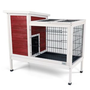Gabbia per conigli a due piani per piccoli animali, da interno/esterno, in legno, con vassoio in plastica a prova di perdite e passerella, colore rosso, arredo per animali domestici - Product Image 1