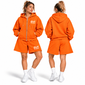 Nouvel ensemble de survêtement 2 pièces personnalisé pour femme, confortable, en molleton 100 % coton épais et respirant, avec sweat à capuche et short pour l'hiver - Product Image 6