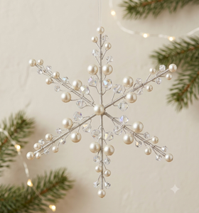 Ornement de Noël en forme de flocon de neige en cristal et perles fait main, élégante décoration de sapin perlée, décoration de fête - Product Image 1