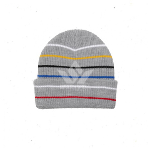 Gorro de Punto a Rayas Gris con Líneas Coloridas, Gorro de Invierno Unisex para Adultos, 56-58CM, Acrílico, Cálido, Estilo Casual - Product Image 1