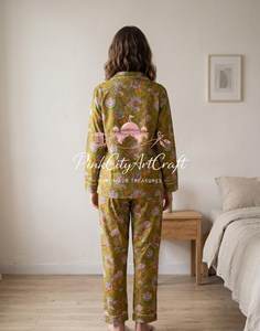 Handcrafted Cotton Floral Night Suit Artisanal Jaipuri Block Print Olive Green Loungewear Co-ord Set Notch Collar <b>Pyjamas</b> <b>Summer</b> - Product Image 6